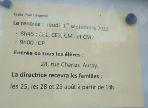 Horaire de la rentrée des classes